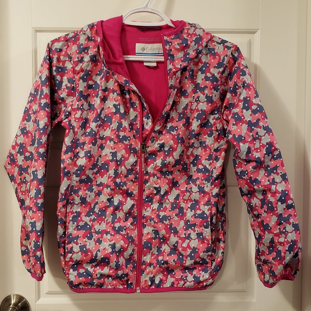 Columbia Girl's Pink Blue Grey Camo Print White Polka Dot Hooded Fleece Jacket L